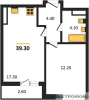 Планировка однокомнатной(квартира) площадью 39.3 квадратных метров в “ЖК Прокшино”