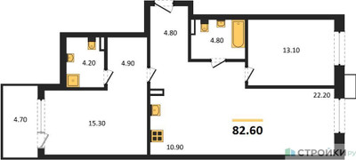 Планировка двухкомнатной(квартира) площадью 82.6 квадратных метров в ЖК “ЖК Дзен-кварталы”