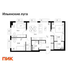 Планировка трехкомнатной(квартира) площадью 66.61 квадратных метров в ЖК “ЖК Ильинские луга”