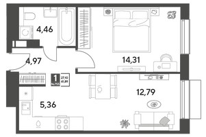 Планировка однокомнатной(квартира) площадью 41.89 квадратных метров в “ЖК Публицист”