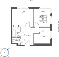 Планировка двухкомнатной(апартаменты) площадью 48.37 квадратных метров в “ЖК Волковская 67”