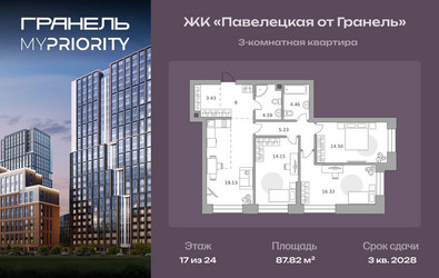 Планировка трехкомнатной(квартира) площадью 87.82 квадратных метров в ЖК “ЖК Павелецкая от Гранель”