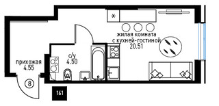 Планировка студии(квартира) площадью 27 квадратных метров в “ЖК Инноватор”