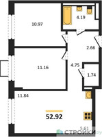 Планировка двухкомнатной(квартира) площадью 52.92 квадратных метров в “ЖК Квартал Западный”