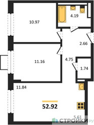 Планировка двухкомнатной(квартира) площадью 52.92 квадратных метров в ЖК “ЖК Квартал Западный”