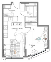 Планировка однокомнатной(квартира) площадью 42 квадратных метров в ЖК “ЖК Дрим Рива”