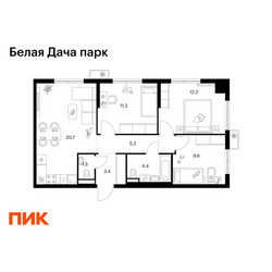 Планировка трехкомнатной(квартира) площадью 68.2 квадратных метров в ЖК “ЖК Белая Дача парк”