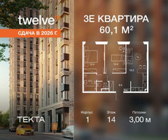 Планировка трехкомнатной(квартира) площадью 60.1 квадратных метров в “ЖК Твелв”