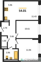 Планировка двухкомнатной(квартира) площадью 54.01 квадратных метров в “ЖК Пригород Лесное”