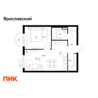 Планировка однокомнатной(квартира) площадью 43 квадратных метров в “ЖК Ярославский”