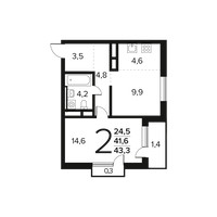 Планировка двухкомнатной(квартира) площадью 43.3 квадратных метров в “Новые Ватутинки. Заречный”