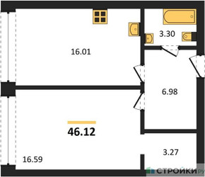 Планировка однокомнатной(апартаменты) площадью 46.12 квадратных метров в ЖК “ЖК Insider (Инсайдер)”