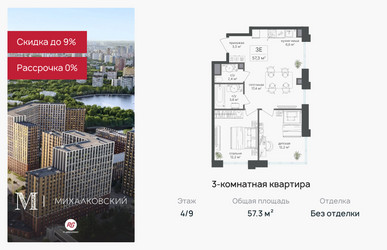 Планировка трехкомнатной(квартира) площадью 57.3 квадратных метров в ЖК “ЖК Михалковский”