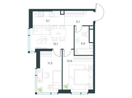 Планировка трехкомнатной(квартира) площадью 53 квадратных метров в “ЖК Левел Мичуринский”