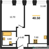 Планировка однокомнатной(квартира) площадью 40.5 квадратных метров в “ЖК INJOY (Инджой)”