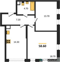 Планировка двухкомнатной(квартира) площадью 58.6 квадратных метров в “ЖК Переделкино Ближнее”