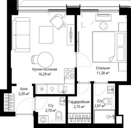 Планировка однокомнатной(квартира) площадью 38.38 квадратных метров в ЖК “ЖК Сити Бэй”