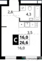 Планировка студии(квартира) площадью 26.6 квадратных метров в “ЖК 1-й Ясеневский (Первый Ясеневский)”