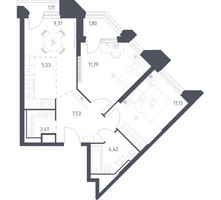Планировка двухкомнатной(апартаменты) площадью 55.03 квадратных метров в “ЖК Скай Спутник”