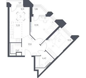 Планировка двухкомнатной(апартаменты) площадью 55.03 квадратных метров в ЖК “ЖК Скай Спутник”