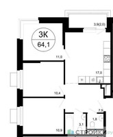 Планировка трехкомнатной(квартира) площадью 64.1 квадратных метров в “ЖК Одинцовские кварталы”