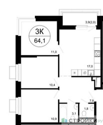 Планировка трехкомнатной(квартира) площадью 64.1 квадратных метров в ЖК “ЖК Одинцовские кварталы”