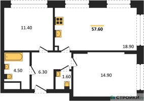 Планировка двухкомнатной(квартира) площадью 57.6 квадратных метров в “ЖК Wave (Вейв)”