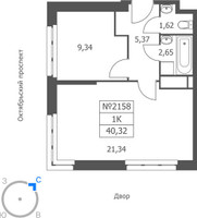 Планировка однокомнатной(апартаменты) площадью 40.32 квадратных метров в “ЖК Волковская 67”