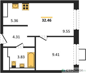 Планировка однокомнатной(квартира) площадью 32.46 квадратных метров в ЖК “ЖК Томилино Парк”