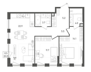 Планировка двухкомнатной(квартира) площадью 67.3 квадратных метров в ЖК “ЖК Pave (Пэйв)”
