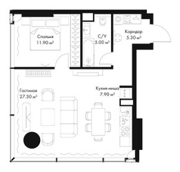 Планировка однокомнатной(квартира) площадью 57.4 квадратных метров в ЖК “ЖК Слава”