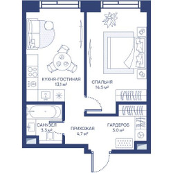 Планировка однокомнатной(квартира) площадью 38.6 квадратных метров в ЖК “ЖК Свет”