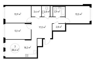 Планировка трехкомнатной(квартира) площадью 88.6 квадратных метров в “ЖК Переделкино Ближнее”