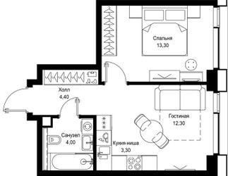 Планировка однокомнатной(квартира) площадью 37.3 квадратных метров в ЖК “Мультиквартал СИТИДЗЕН”