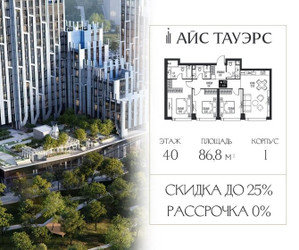 Планировка трехкомнатной(квартира) площадью 86.8 квадратных метров в ЖК “ЖК Айс Тауэрс”