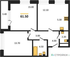 Планировка двухкомнатной(квартира) площадью 61.5 квадратных метров в “Квартал Филатов луг”