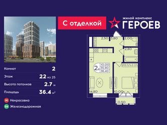 Планировка двухкомнатной(квартира) площадью 36.4 квадратных метров в ЖК “ЖК Героев”