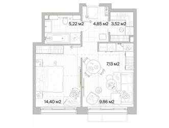 Планировка однокомнатной(квартира) площадью 44.98 квадратных метров в ЖК “Архитектурный проект Мыс”