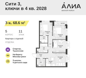 Планировка трехкомнатной(квартира) площадью 68.6 квадратных метров в ЖК “ЖК АЛИА”