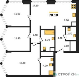 Планировка трехкомнатной(квартира) площадью 78.1 квадратных метров в ЖК “Акценты”