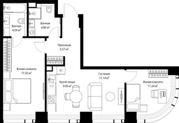 Планировка двухкомнатной(квартира) площадью 64.22 квадратных метров в ЖК “ЖК Веер”