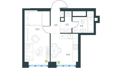 Планировка однокомнатной(квартира) площадью 37.6 квадратных метров в ЖК “ЖК Левел Южнопортовая”