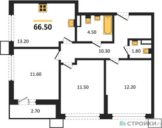 Планировка трехкомнатной(квартира) площадью 66.5 квадратных метров в ЖК “ЖК Родные кварталы”
