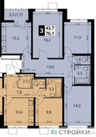 Планировка трехкомнатной(квартира) площадью 76.1 квадратных метров в “ЖК 1-й Южный (Первый Южный)”