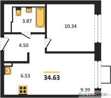 Планировка однокомнатной(квартира) площадью 34.63 квадратных метров в “ЖК Подольские кварталы”