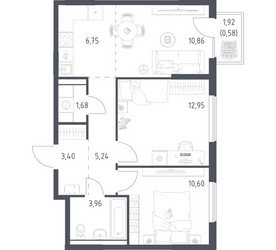 Планировка двухкомнатной(квартира) площадью 56.02 квадратных метров в ЖК “ЖК Горки Парк”