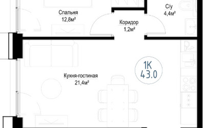 Планировка однокомнатной(квартира) площадью 43 квадратных метров в ЖК “ЖК Метрополия”