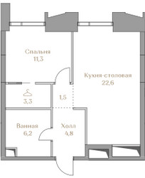 Планировка однокомнатной(квартира) площадью 49.7 квадратных метров в ЖК “ЖК Коллекция Лужники”