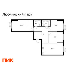 Планировка трехкомнатной(квартира) площадью 90.4 квадратных метров в ЖК “ЖК Люблинский парк”