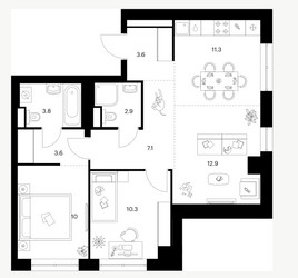 Планировка двухкомнатной(квартира) площадью 65.5 квадратных метров в ЖК “Нарвин”